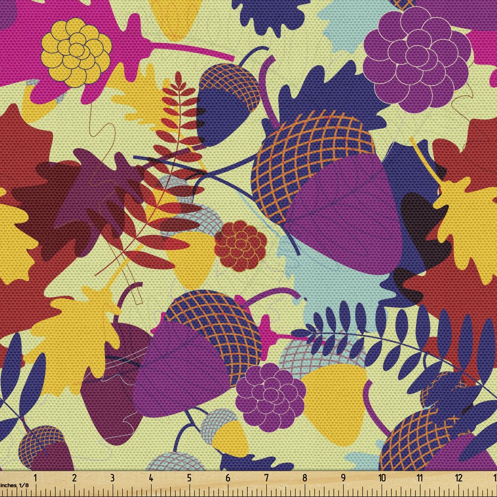 Acorn Upholstery Fabric by the Yard, Oak Leaves with Acorns Colorful