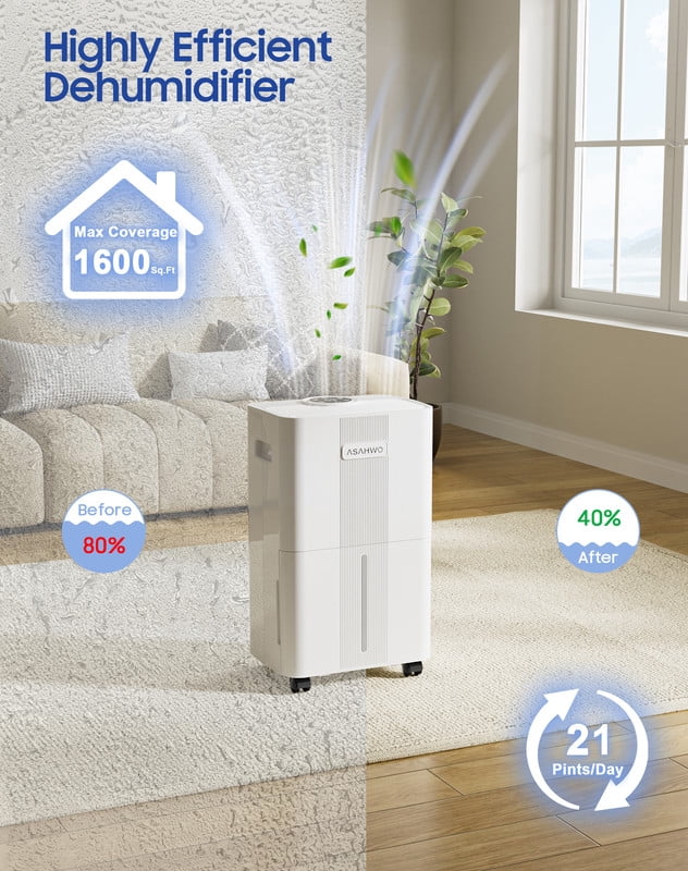 21 Pint 1600 Sq. Ft. Dehumidifier with 3 Modes, 24-Hour Timer, and Auto Defrost