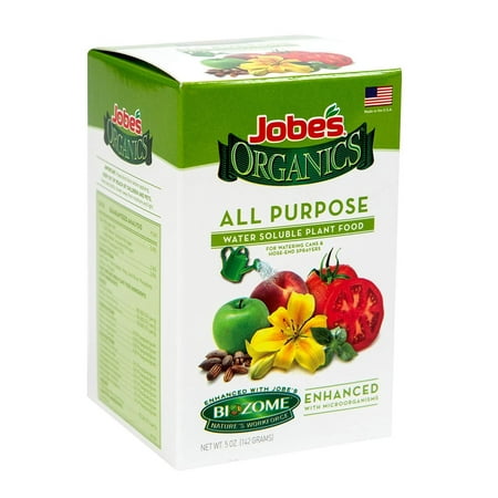 Jobe's Organics All Purpose Fertilizer 5-2-3 Water Soluble Plant Food Mix with Biozome, 5 oz Box Makes 15 Gallons of Organic Liquid