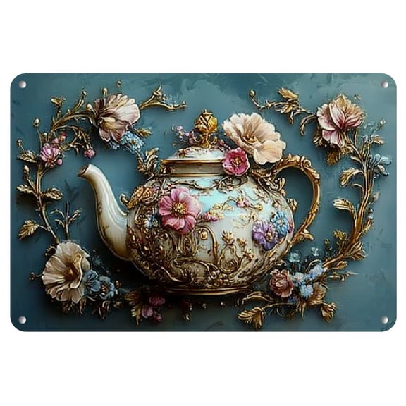 Vintage Floral Teapot Iron Wall Art Decor Sign - 1 Piece, Elegant Metal Wall Plaque for Home, Cafe, Bar - Retro Design Garage Decor Accessory, Indoor Outdoor Use