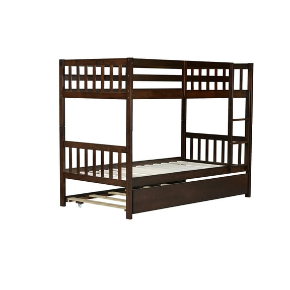 Twin over Twin Rubberwood Bunk Bed with Trundle, Convertible, Ladder & Guardrails, Espresso