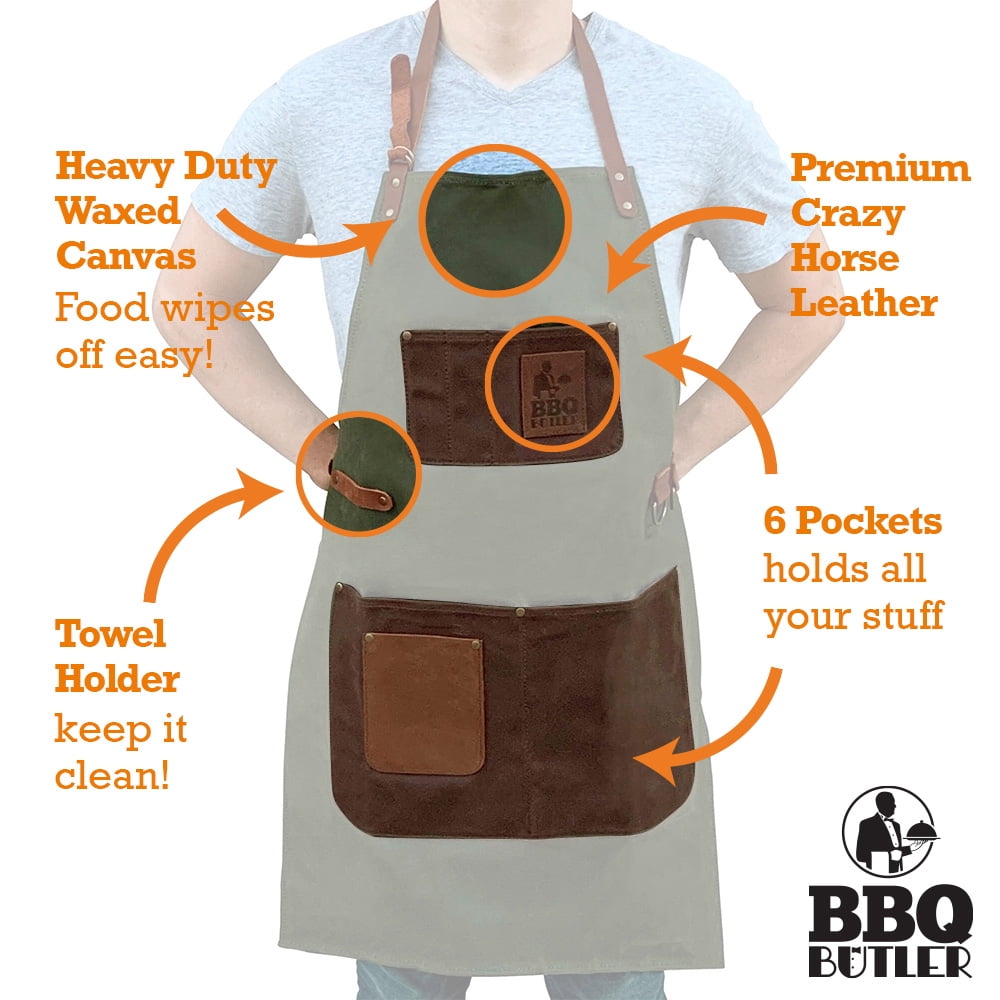 BBQ Butler Grilling Apron - Premium Waxed Canvas Apron - Deluxe Leather