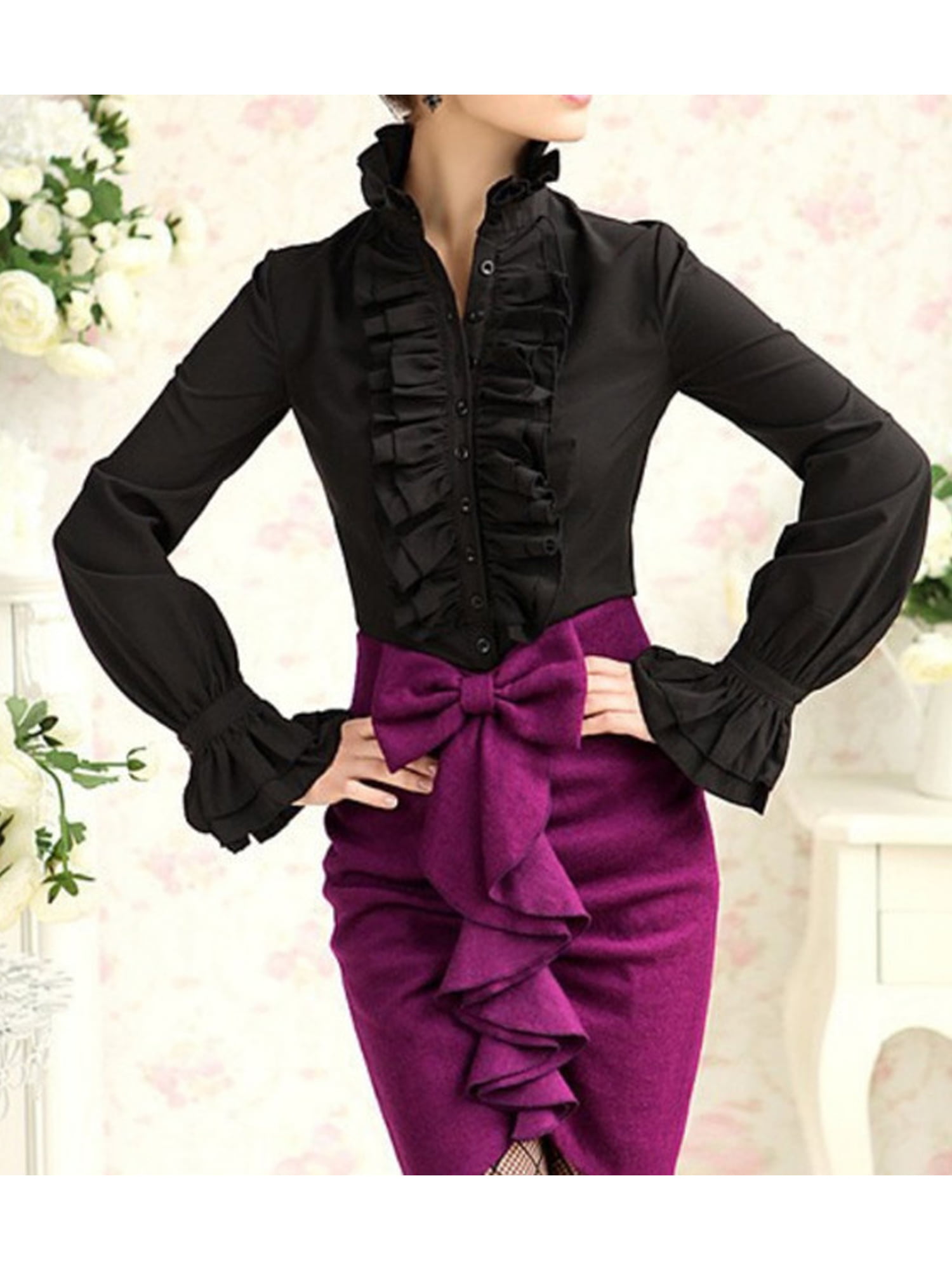 Meihuida - Victorian Womens Long Sleeves Tops High Neck Frilly Ruffle Shirt Blouse - Walmart.com 