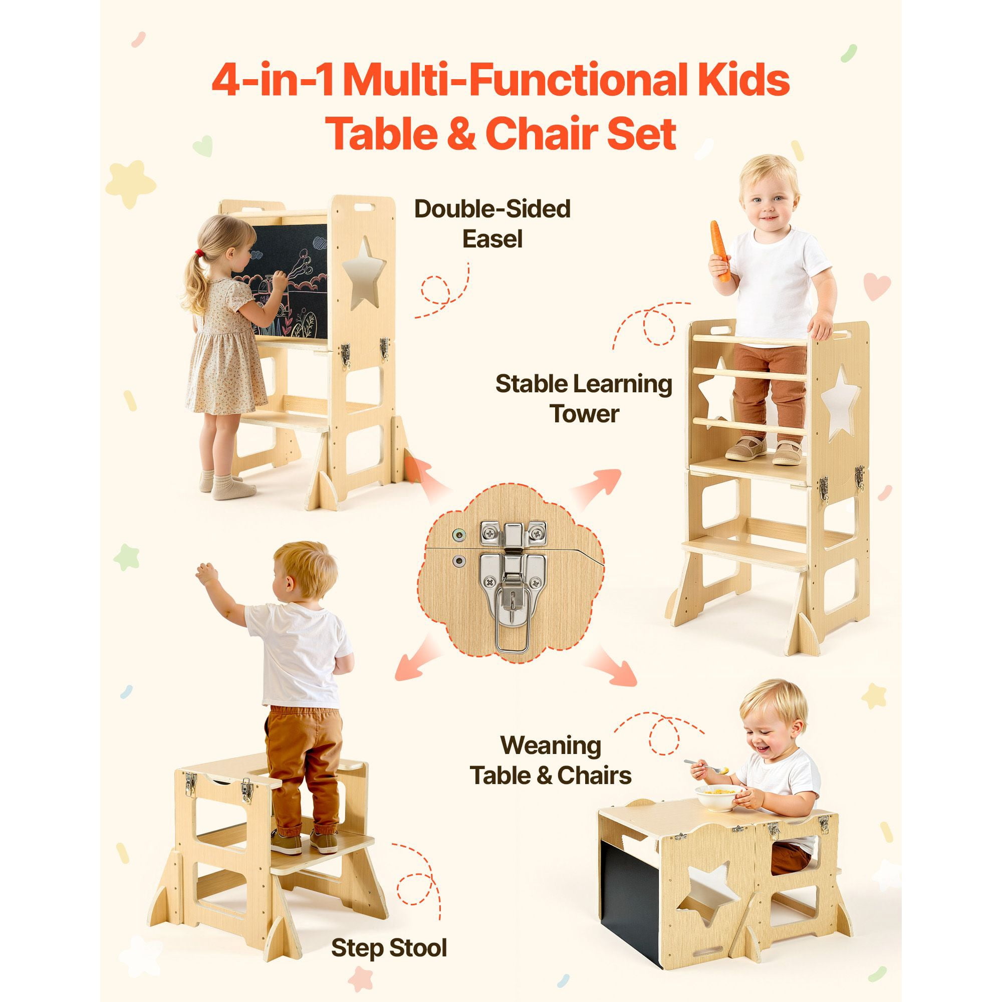 Toddler Tower, Wooden, 4 in 1 Kitchen Step Stool for Kids 1-5, Montessori Weaning Table and Chair Set, Learning Standing Tower with Chalkboard, Easy to Clean, for Bathroom and Kitchen Counter