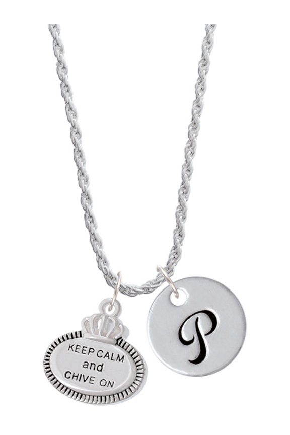 Silvertone Keep Calm and Chive On Silvertone Script Initial Disc - P - Charm Necklace, 20"+3"