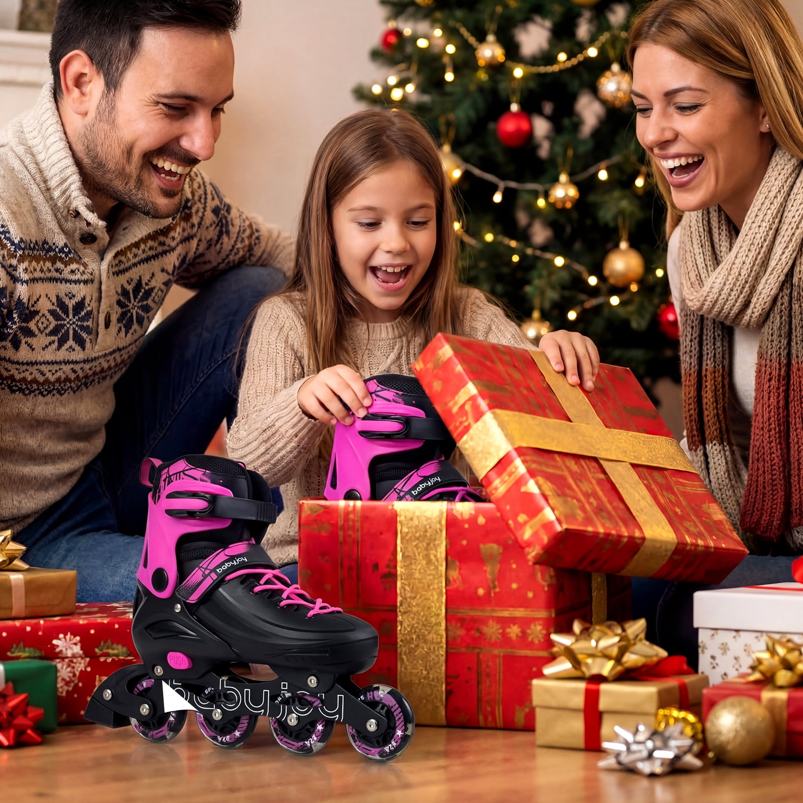 Babyjoy Kids Inline Skates, Adjustable Light-Up Roller Skates with Illuminating Wheels Pink