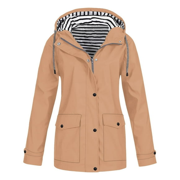 lcziwo Deals of the Day Women's Rain Jackets Plus Size Solid 2024 Fall Winter Lightweight Waterproof Raincoat Casual Windbreaker Outdoor Hooded Trench Coats Khaki,XXXXXL