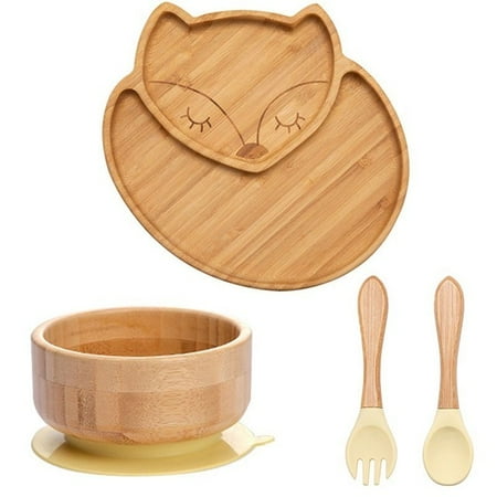 

QWZNDZG 4pcs Children s Tableware Suction Plate Bowl Baby Dishes Baby Feeding Dishes Spoon Fork Sets Bamboo Plate for Kids Tableware