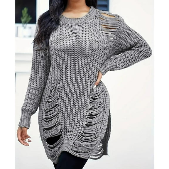 Long Sleeve Ripped Casual Loose Pullover Sweater (XL, Grey)