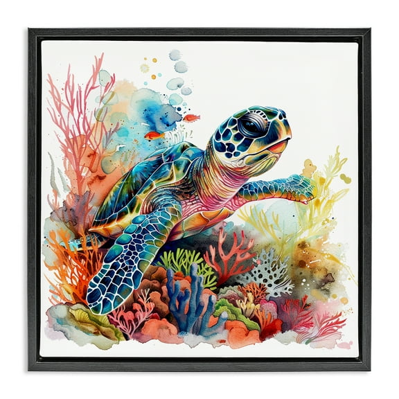 Stupell Industries Swimming Turtle Undersea Animals Painting Black Floater Framed Canvas Art Print Wall Art, 18 x 18
