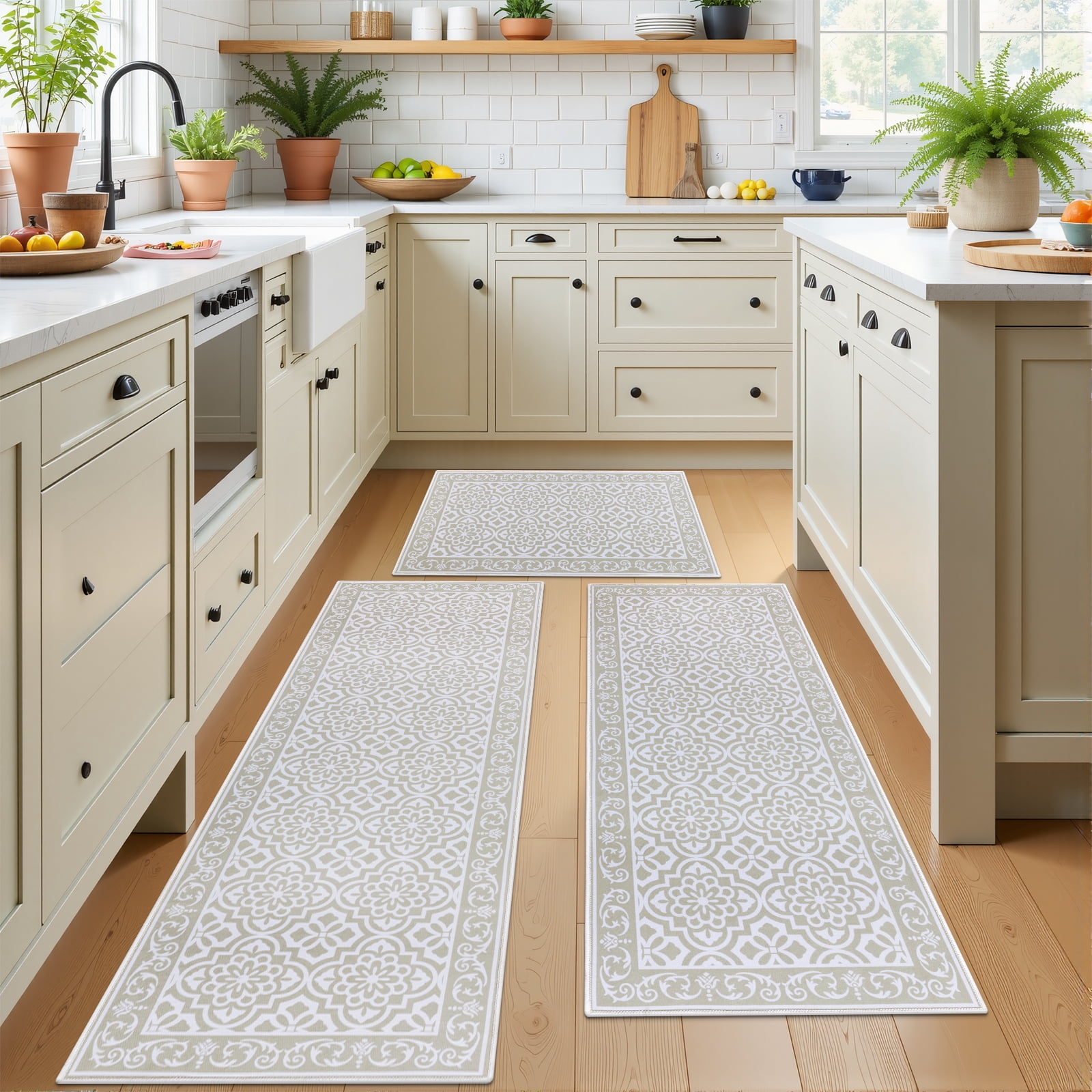 MeyJey Kitchen Rug Set 3 Piece, Non Slip Machine Washable Mats for Home Floor and Living Room, Beige