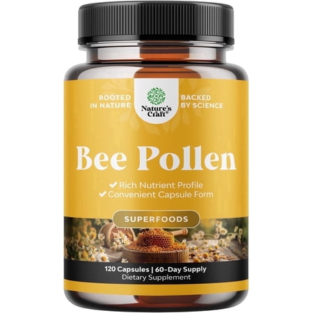 Natures Craft 500mg Bee Pollen Capsules Supplement with B Vitamins, Minerals, & Enzymes, 120 Caps