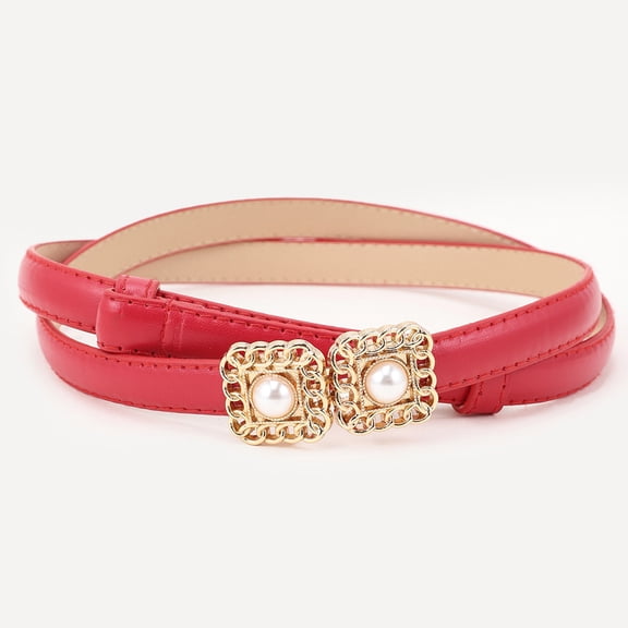 siminsem Women Skinny Stretch Dress Belt Thin Elastic Waist Belt with Gold Buckle - Narrow PU Leather Fashion Waistband for Jeans Dresses Coats Adjustable One Size Gift, Red,One Size
