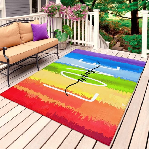 Rainbow Outdoor Rug for Patio/Deck/Porch, Non-Slip Large Area Rug 5 x 7 Ft, Cartoon Colorful Gradient Striped Funny Art Indoor Outdoor Rugs Washable Area Rugs, Reversible Camping Rug Carpet Runner
