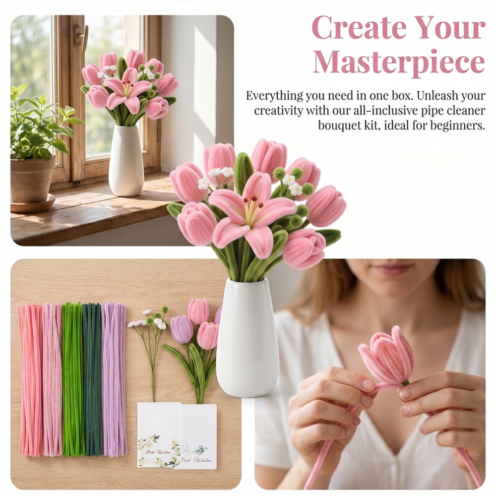 Pink & Green Pipe Cleaners for DIY Flowers & Crafts – 500 PCS 5 Colors Chenille Stems with Glue Guns & Tape Measure – Perfect for Family Fun & Creativity, Holiday & Room Decorations