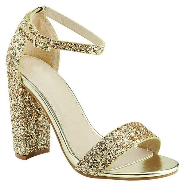 SNJ Women's Chunky Heel Glitter Ankle Buckle Strap High Heel Sandal