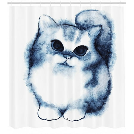 Navy Blue Shower Curtain, Cute Kitty Paint with Distressed Color Features Fluffy Cat Best Companion Ever, Fabric Bathroom Set with Hooks, Grey White, by (Best Fabric Paint For Onesies)
