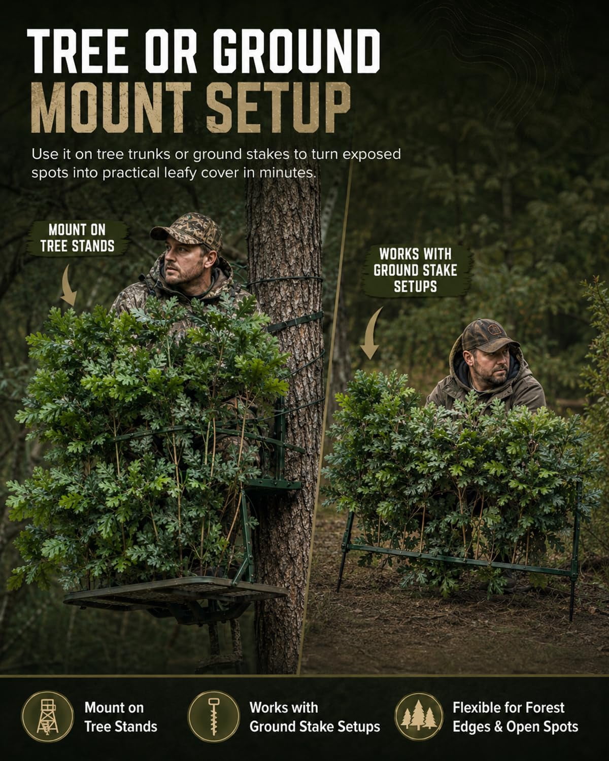 Hunting Concealment Branch Stand, Camouflage Branch Screening Holder with Realistic Oak Leaf Foliage, Tree Stand Blind Cover Camo Screen, Fast Setup Ground Tree Mount for Deer Turkey Hunting
