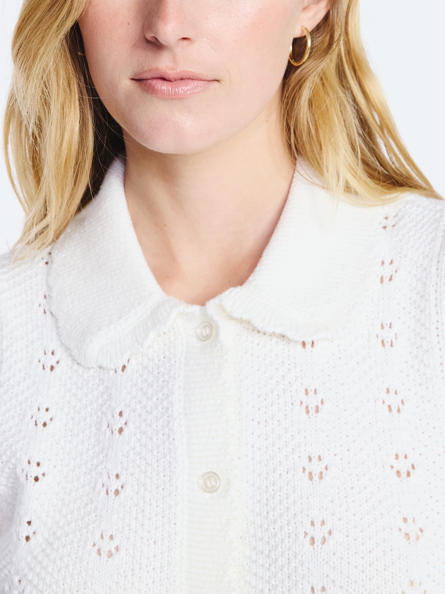 Free Assembly Women's and Women's Plus Cotton Pointelle Cardigan Sweater with Short Sleeves, Lightweight, Sizes XS-4X