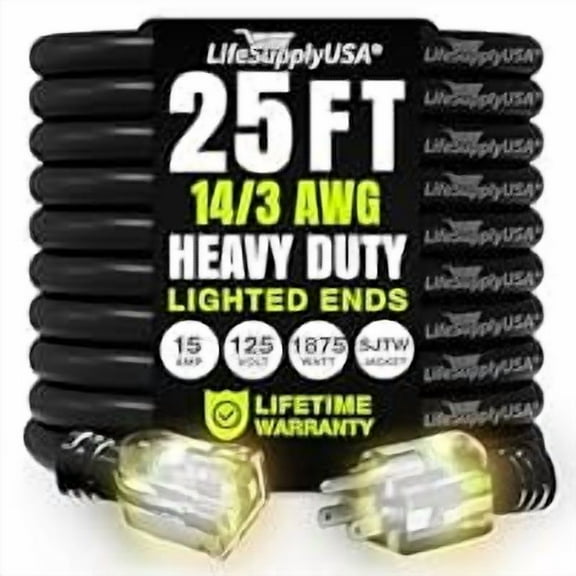 25ft Outdoor/Indoor Extension Cord 14/3 Gauge Heavy Duty 3 Prong SJTW, Waterproof, Flexible Cold-Resistant Long Power Cord,125 Amp 1875W, Black by LifeSupplyUSA