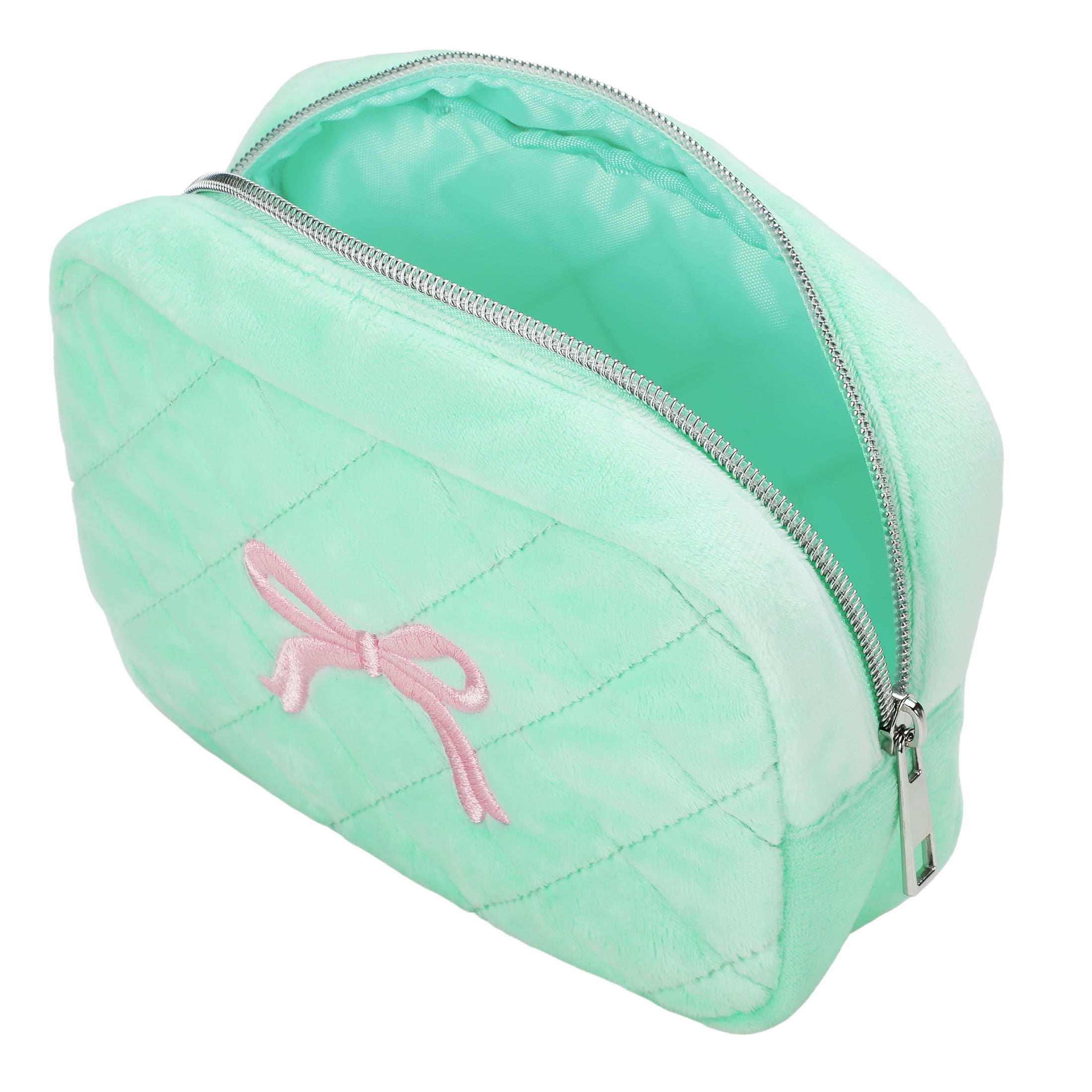 Beauty Gifts Velvet Cosmetic Bag for Travel, Blue Makeup Zipper Pouch with Pink Bow Embroidery
