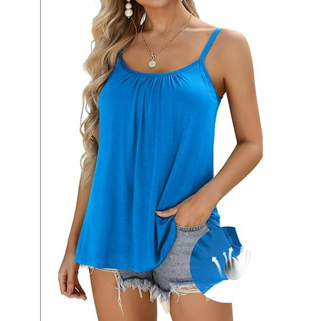 Charmo Womens Flowy Pleated Camisole Built in Bra Adjustable Straps Loose Tank Tops S-3XL