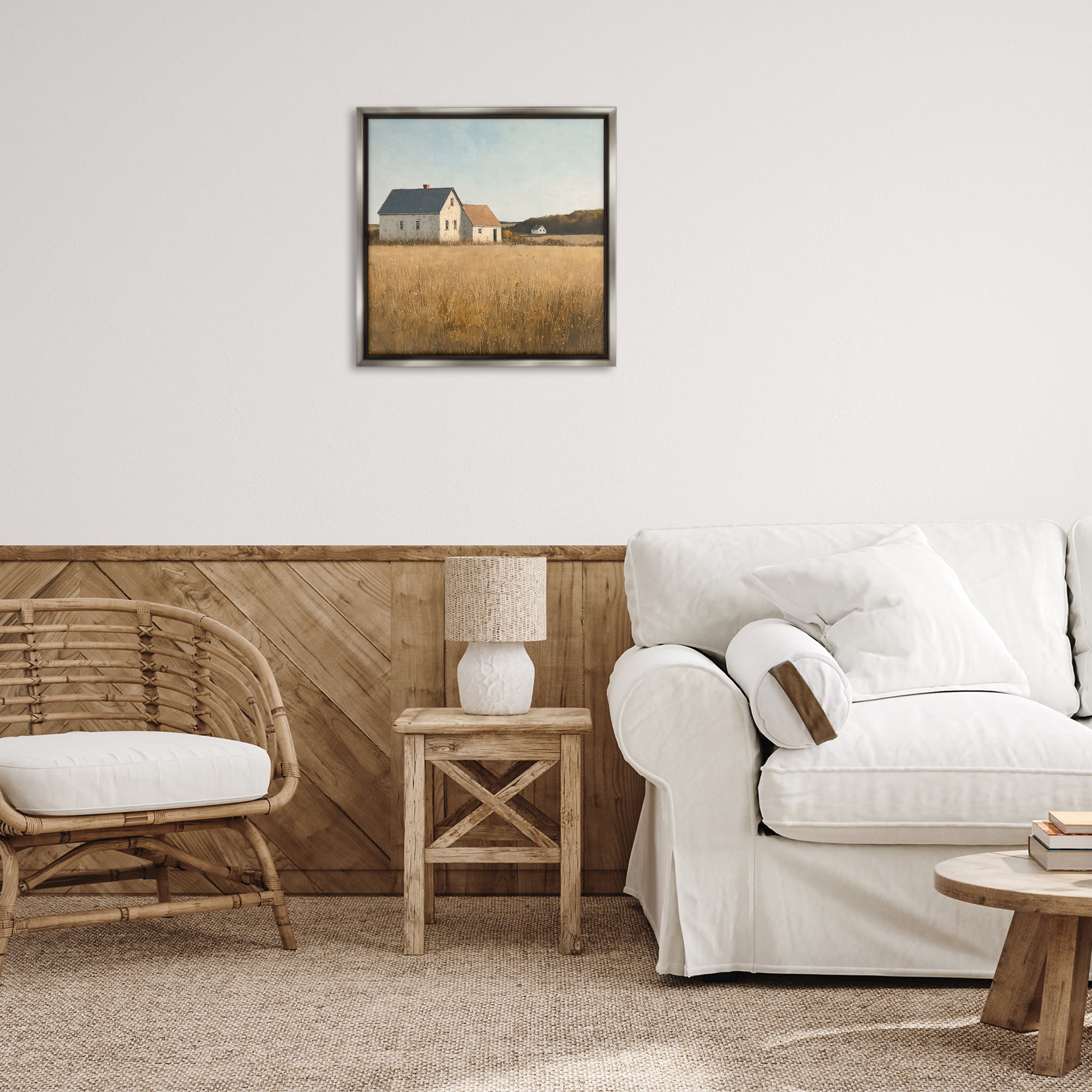 Stupell Industries Clear Sky over Barn Landscape & Nature Painting Gray Floater Framed Canvas Art Print Wall Art, 25 x 25