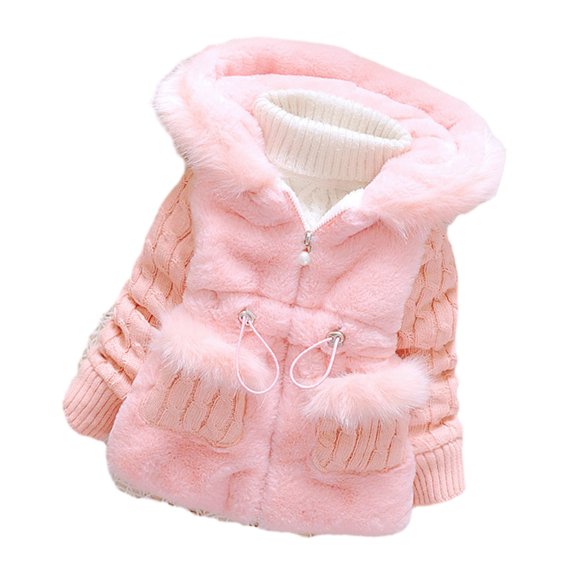 Edvintorg 7M-4Y Fleece Jacket Kids Girls Winter Coat Solid Hooded Fleece Lined Thick Down Coats Puffy Cotton Jackets with Zipper Children's Outerwear Girl
