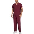 thumbnail image 2 of Men's Workwear Scrubs 2-Piece Uniform Set, Solid Color Cross V-Neck Short Sleeve Pocket Tee and Pants, For Medical Nursing Professionals,Wine,2XL, 2 of 7