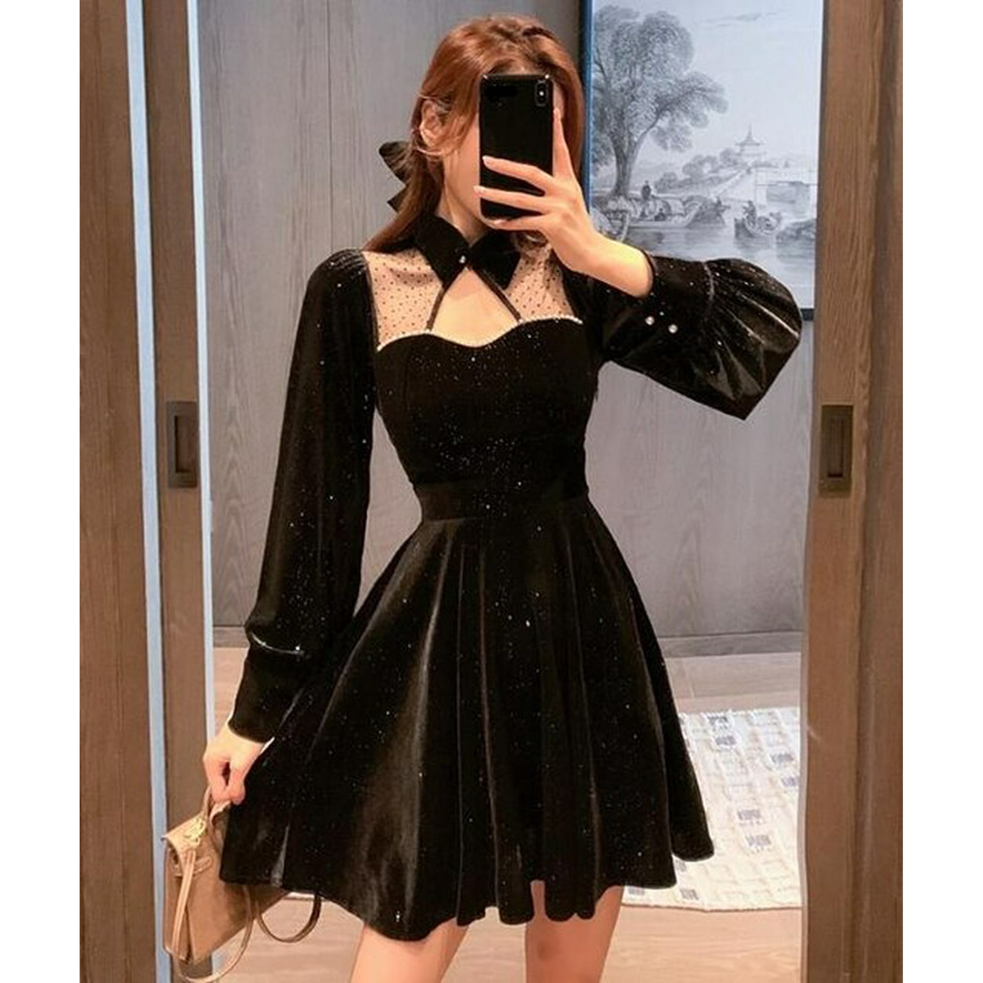 Neploe Vintage Velvet Black Dress Stand Neck Lantern Sleeve Party Robe High Waist Slim Vestidos Korean Elegant Dresses Women