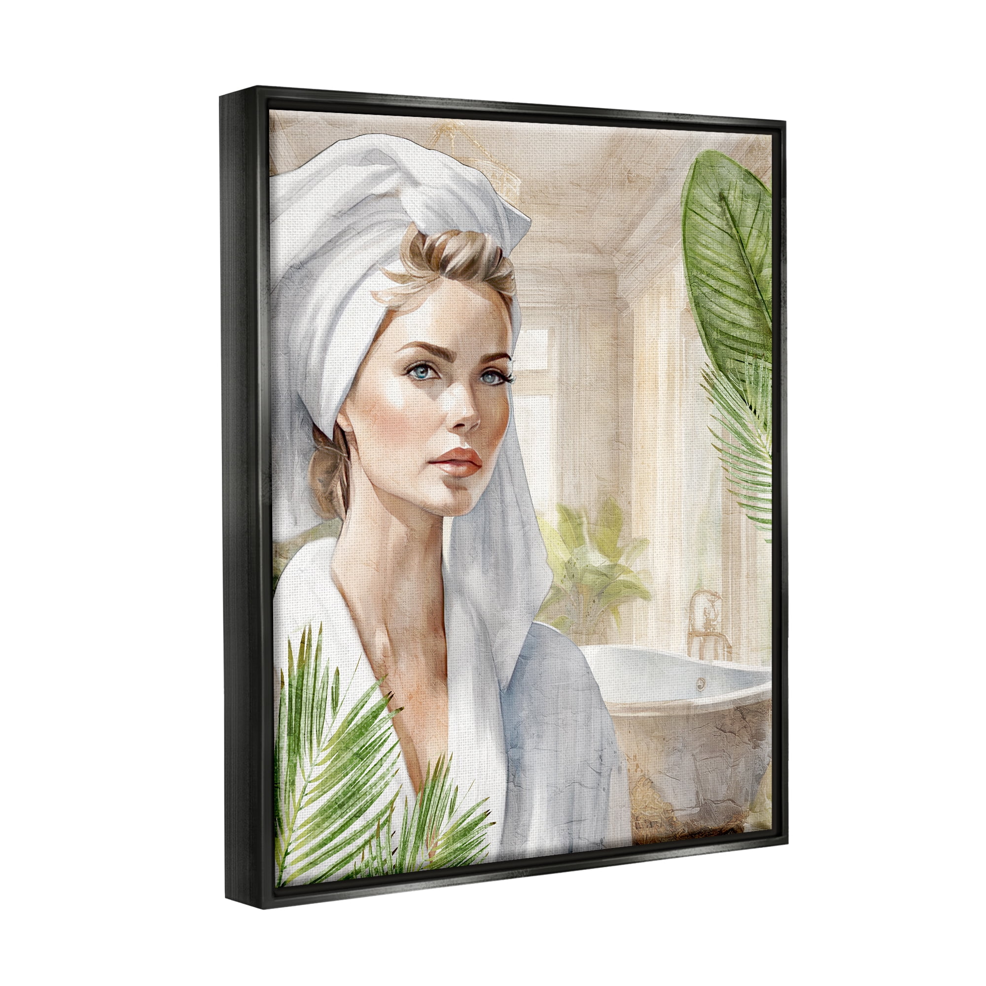 Stupell Industries Fashionista Bathroom Portrait Abstract Painting Black Floater Framed Canvas Art Print Wall Art, 25 x 31