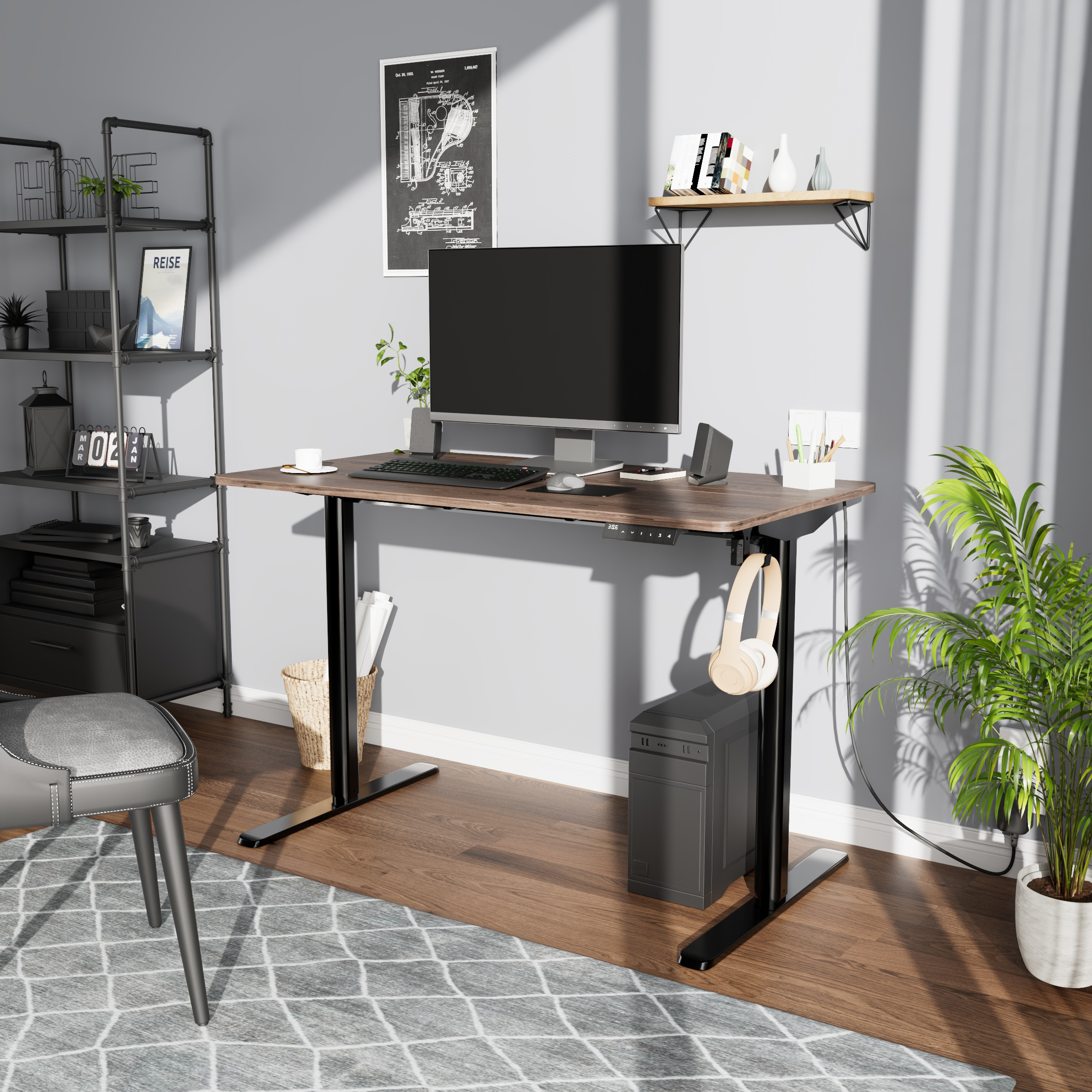 Mainstays Electric Standing Desk with Height Memory Presets, Headphone Hook and Cable Management, Canyon Walnut