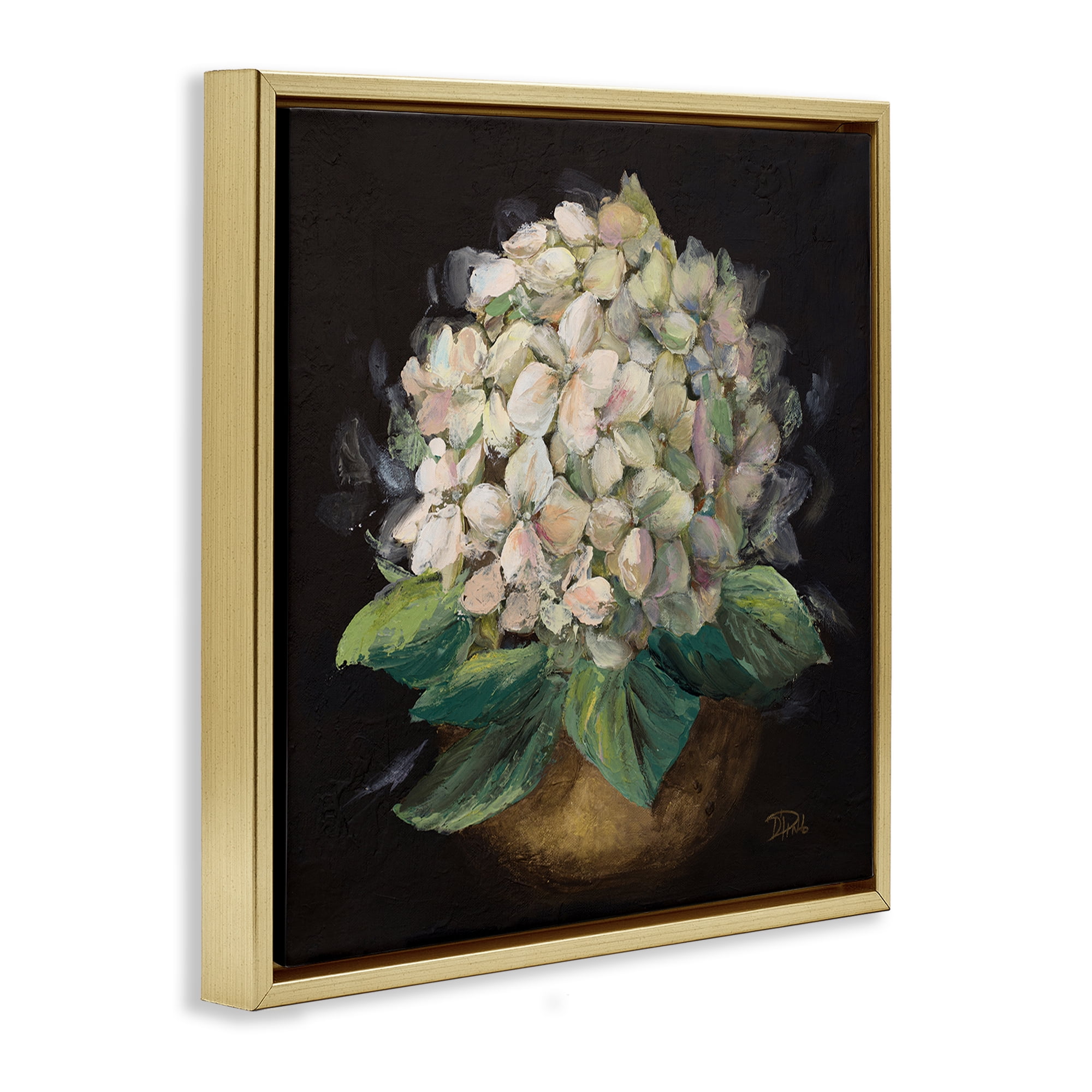 Stupell Industries Potted Hydrangea Plant Plants & Flowers Painting Gold Floater Framed Canvas Art Print Wall Art, 18 x 18