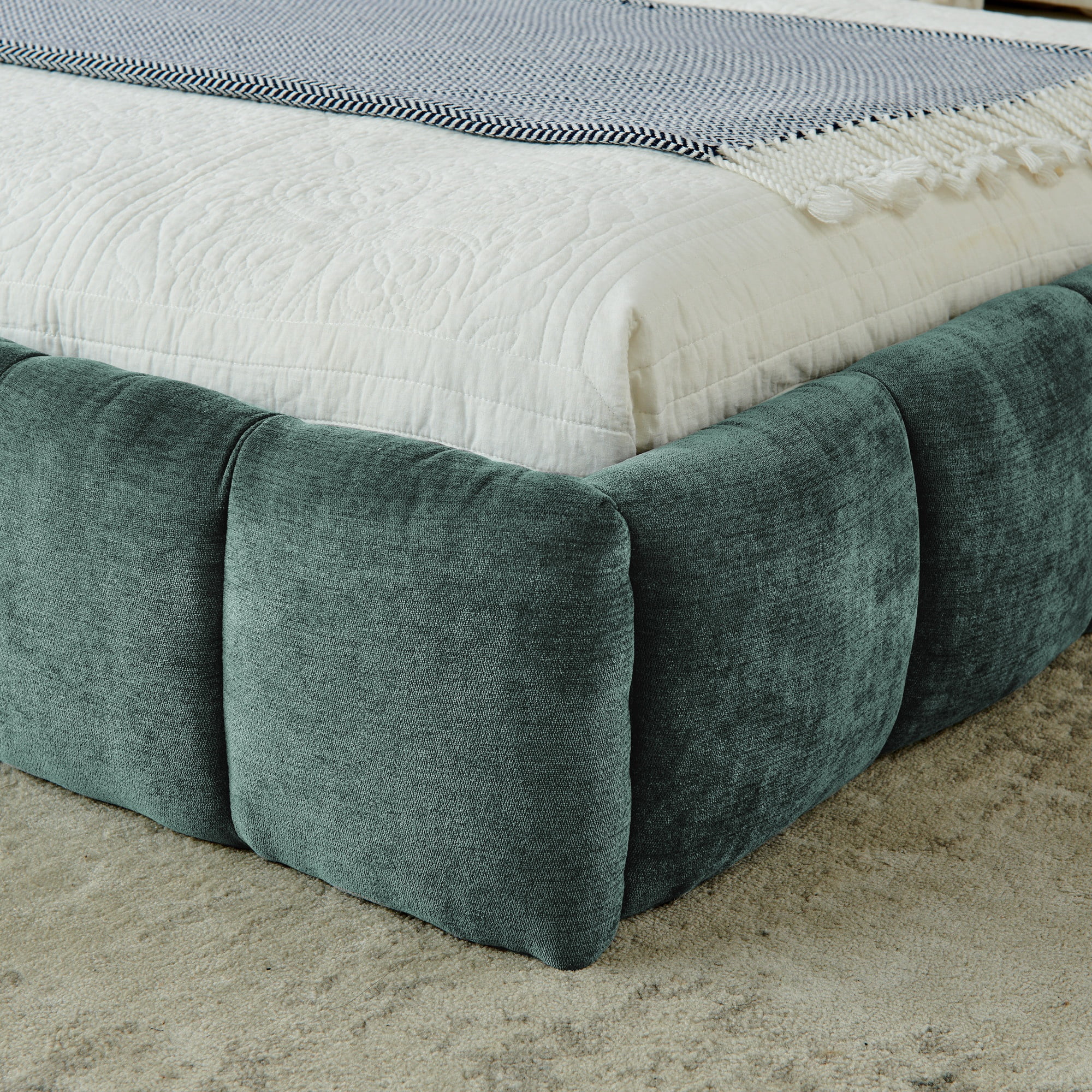 California King Upholstered Bed Frame with Thick Chenille Fabric, Grounded Platform Bed with Headboard, Solid Frame, No Box Spring Needed, Modern Bedroom, Green