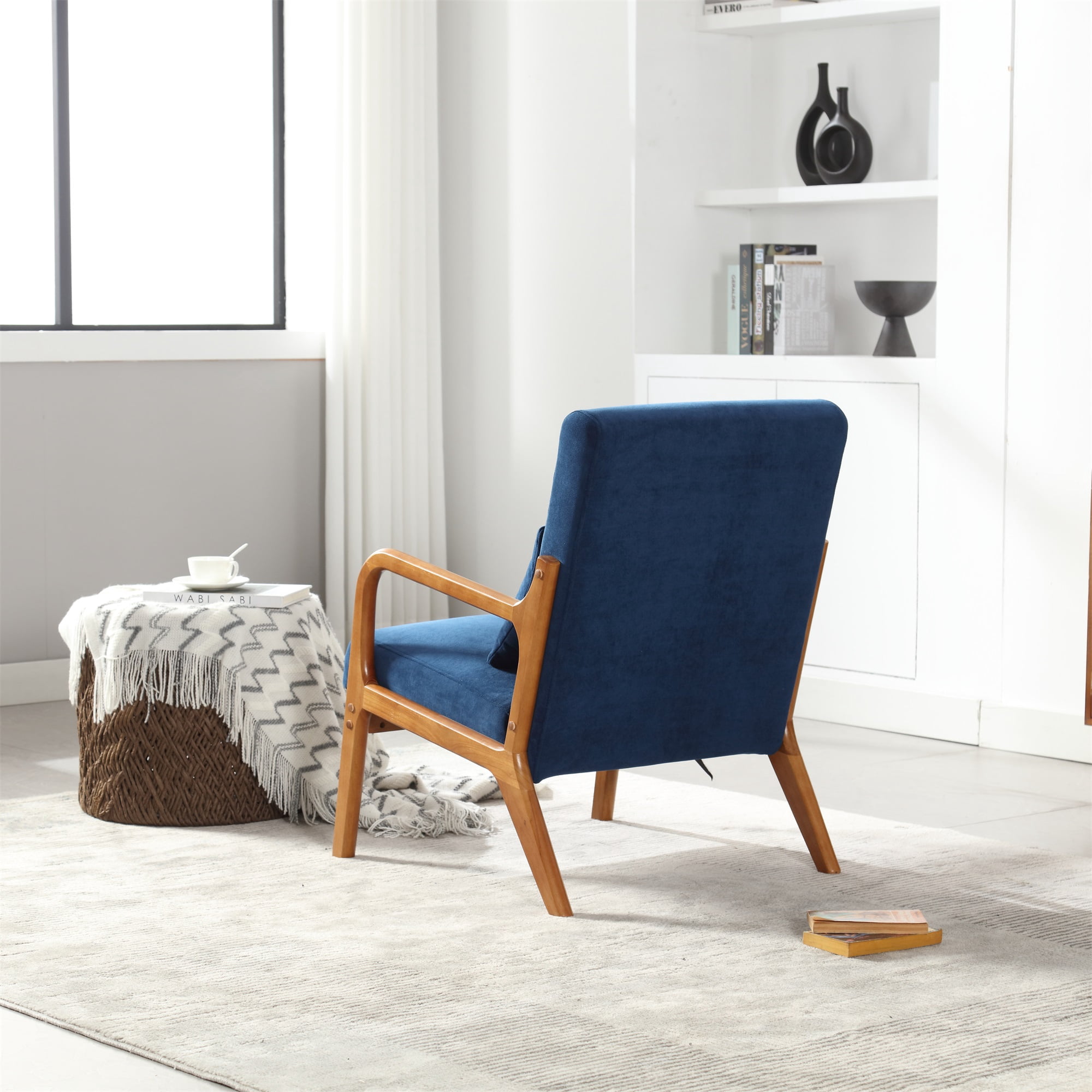 Miniyam Modern Velvet Accent Chair, Solid Wood Lounge Reading Armchair With One Pillow for Living Room, Bedroom, Guest Room, Navy