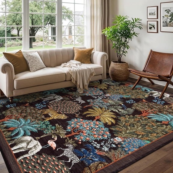 10x13 Runner Rug for Hallway, Washable Floral Throw Rug, Modern Jungle Animal Non Slip Indoor Mat, for Entryway, Laundry, Kitchen, Black