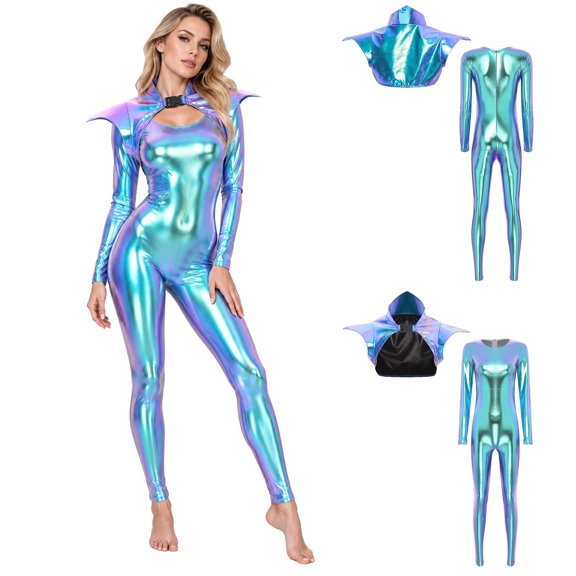 Aislor Women Metallic Shiny Round Neck Long Sleeve Full-body Jumpsuit and Pauldron Shoulder Armor for Halloween Party Blue XXL
