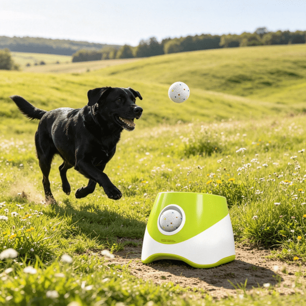 Automatic Dog Ball Launcher, 5 Balls Included, 3 Distance Settings (20/33/46 ft), for Small & Medium Dogs, Green
