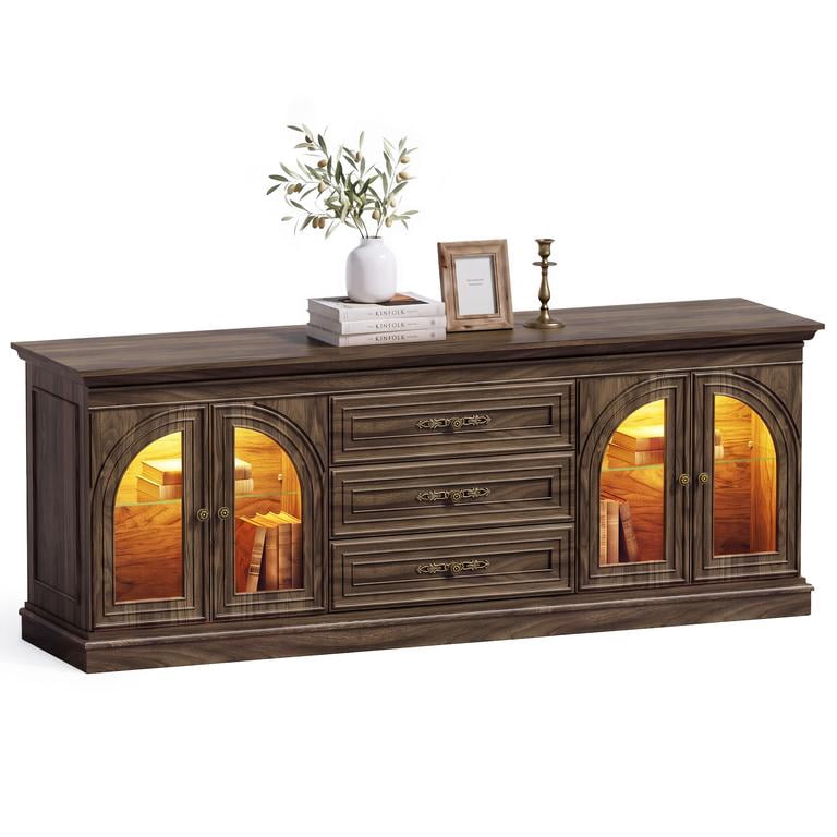 Lacoo 63'' Vintage-Style TV Stand for TVs Up to 70'' with LED Lights, Entertainment Center with Storage Cabinets and Drawers for Living Room, Dark Walnut