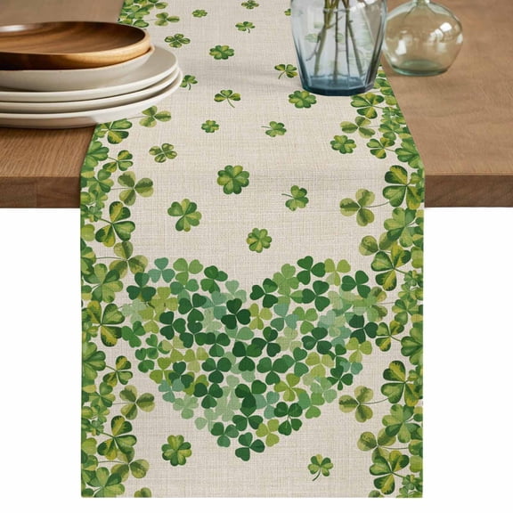 St Patrick's Day Table Runner, Green Shamrock Love Plants Retro Rustic Beige Washable Cotton Linen Table Runners 48 Inches Long, Dresser Scarf Runner for Nightstand/Coffee/End Tables 13''x48''