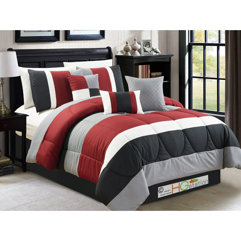 7Pc Modern Striped Pleated Quilted Comforter Set Red Burgundy Black
