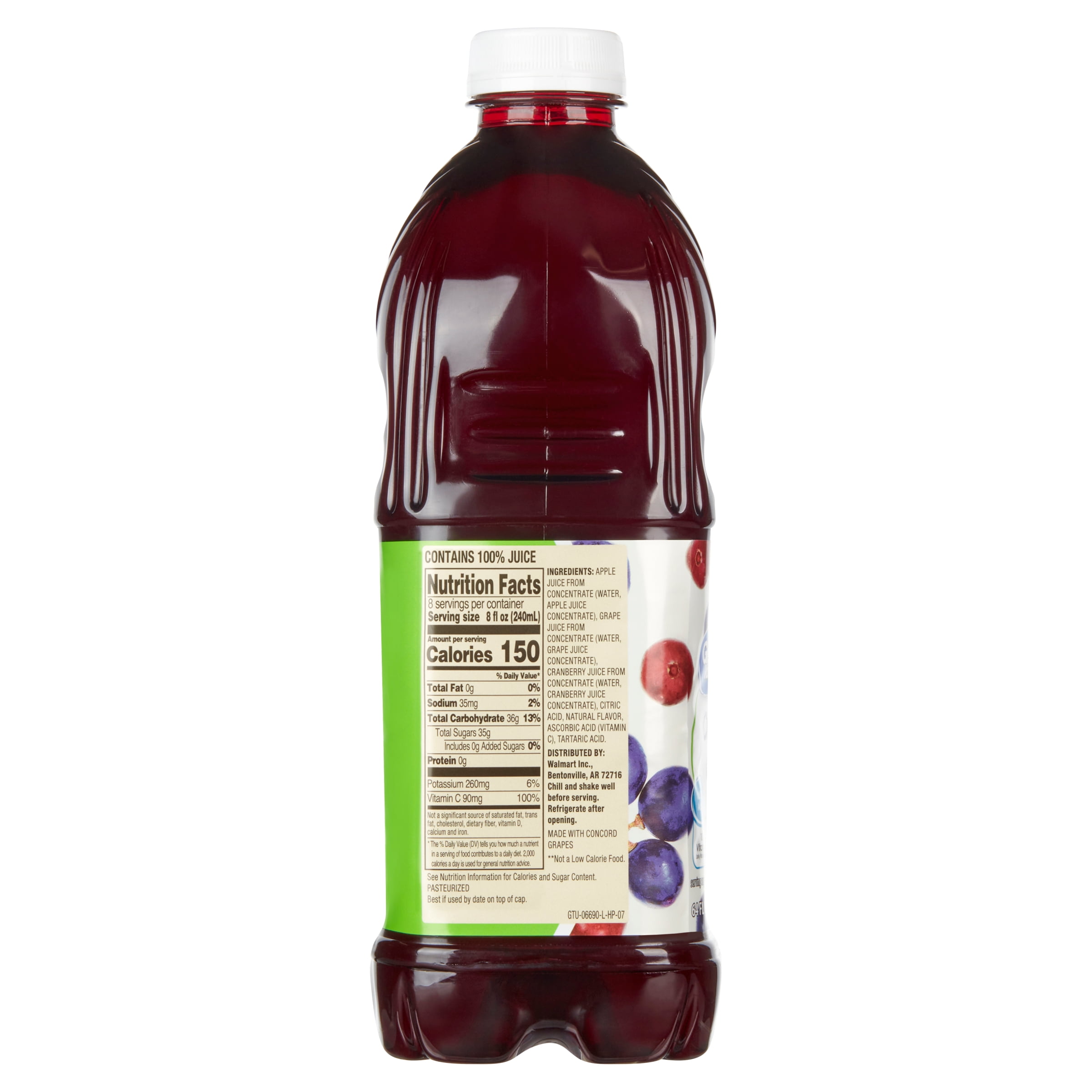 (4 pack) Great Value Cranberry Grape 100% Juice, 64 fl oz