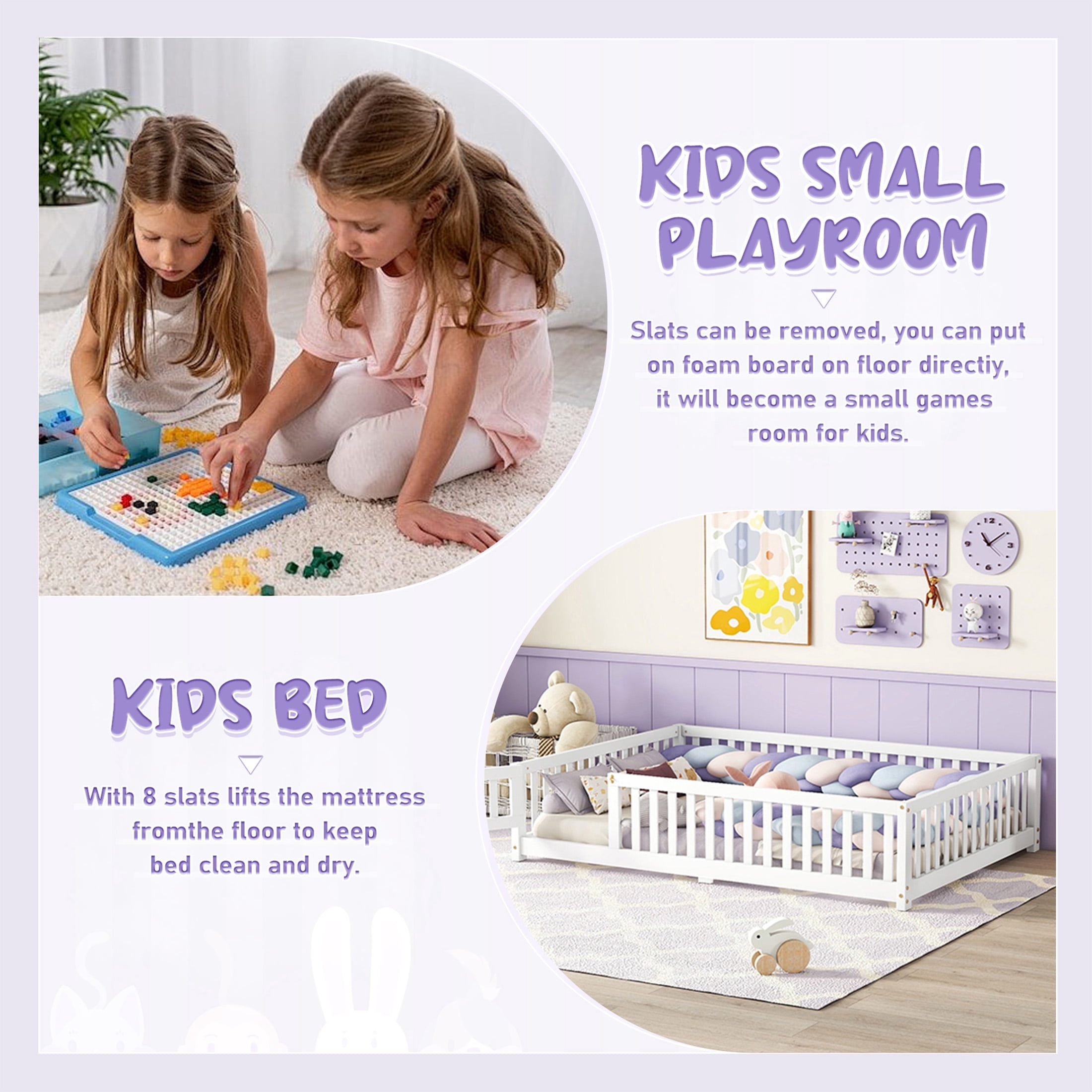 Aukfa Full Size Floor Bed for Kids Children, Wood Montessori Bed Frame with Safety Guardrails and Door, White