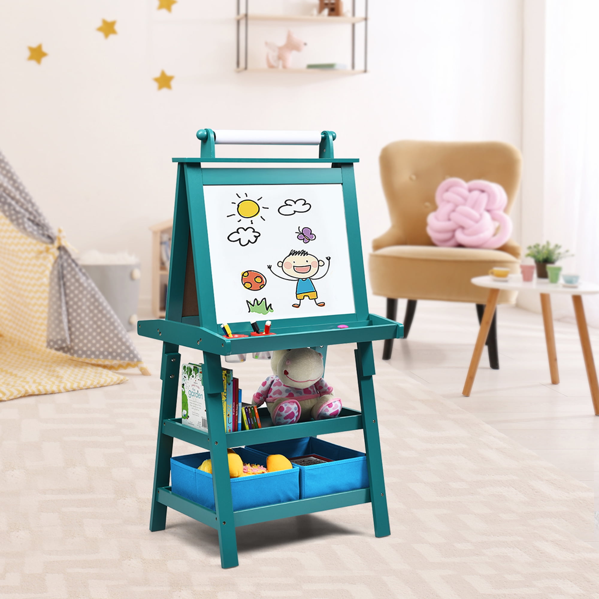 HOMCOM 3 In 1 Kid's Wooden Art Easel with Dual-Sides and Storage Baske –