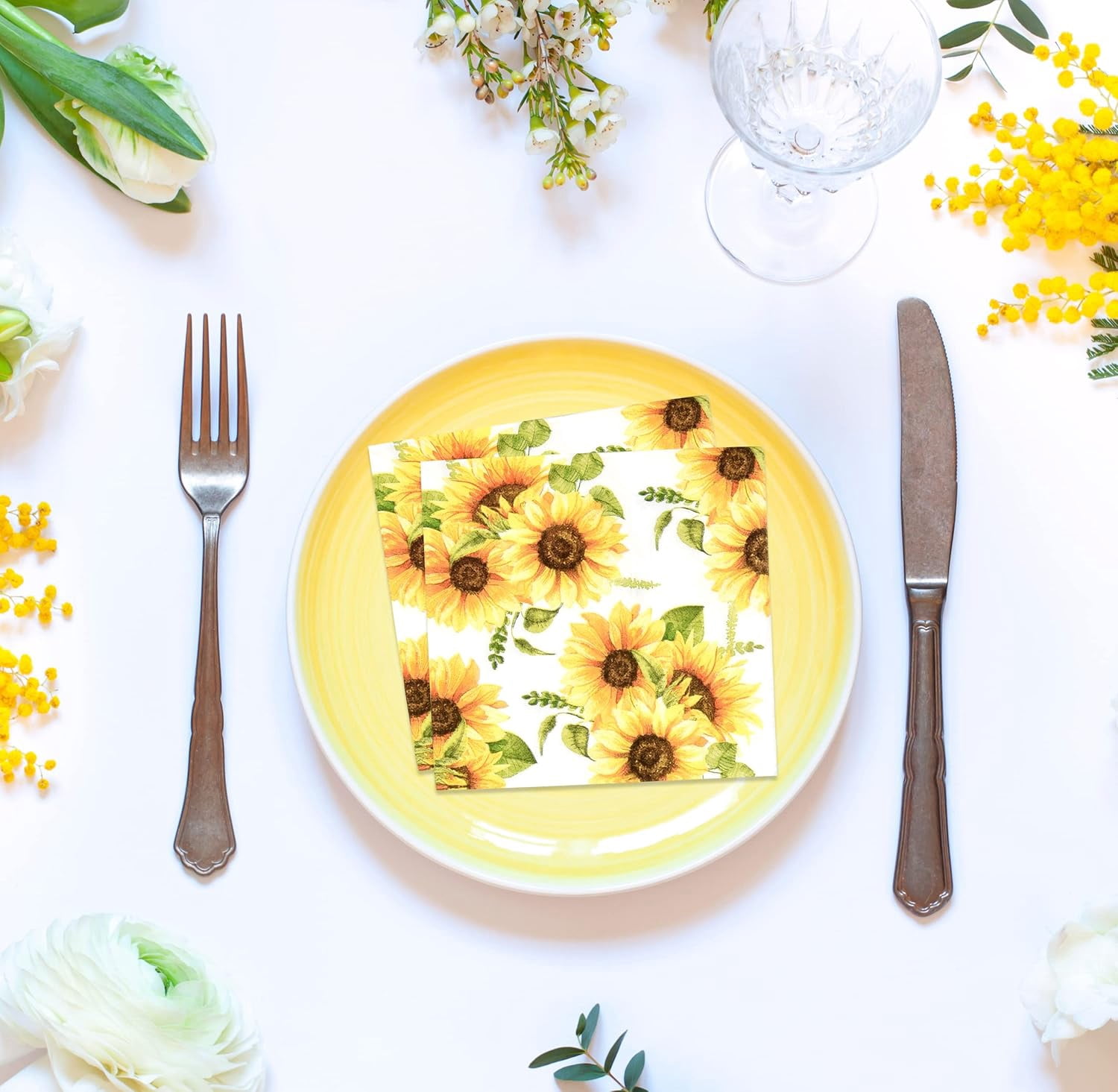 Gift Boutique 100 Floral Sunflower Cocktail Beverage Napkins Disposable Paper Spring Yellow Sunflowers Dessert Napkin for Spring Flower Wedding Holiday Bridal & Baby Shower Tableware Party Supplies