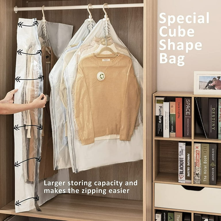Zalflex Hanging Vacuum Storage Bags for Clothes Side Widen Space Saver Bags 3 Long 3 Short Clear White Vacuum Sealer Bags 6 Pack Closet