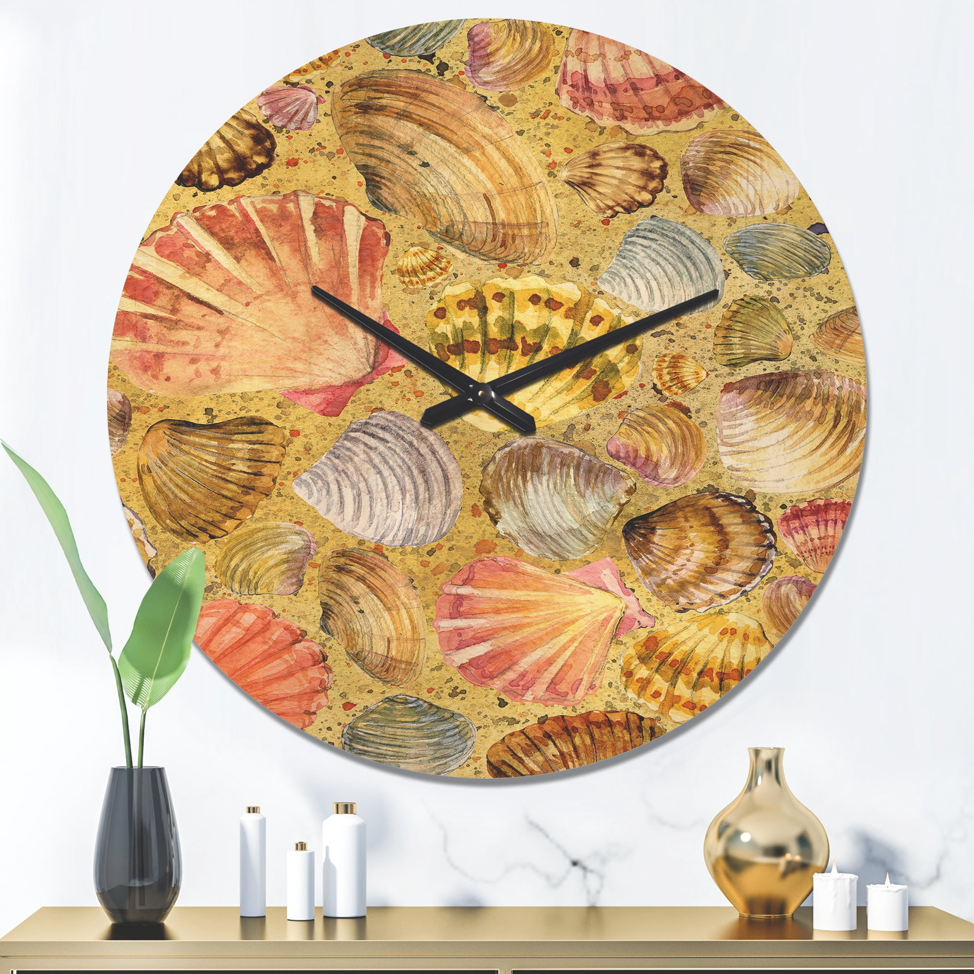 Designart 'Sea Sand and Seashell' Modern Wood Wall Clock