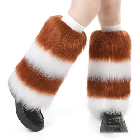 

FSDJHSDH Women Faux Fur Leg Warmers Contrast Color Stripe Solid Leg Boot Cuff Stockings Plush Stockings