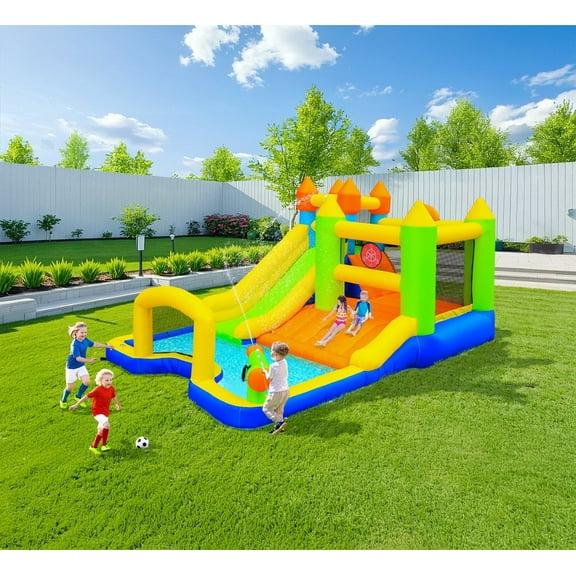 LAZY BUDDY Inflatable Water Slide Kids Bounce House with Splash Pool, Water Cannon, Climbing Wall, Blower & Basketball for Children Indoor / Outdoor Play
