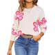 thumbnail image 3 of Suéteres Florales para Mujer, con Rayas de Colores Contrastantes, Cuello Redondo, Larga, Jerseys de Punto Holgados Albaricoque L, 3 of 10